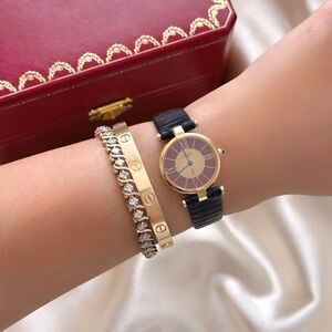 AUTHENTIC VINTAGE CARTIER BLACK LEATHER WATCH - RED DIAL